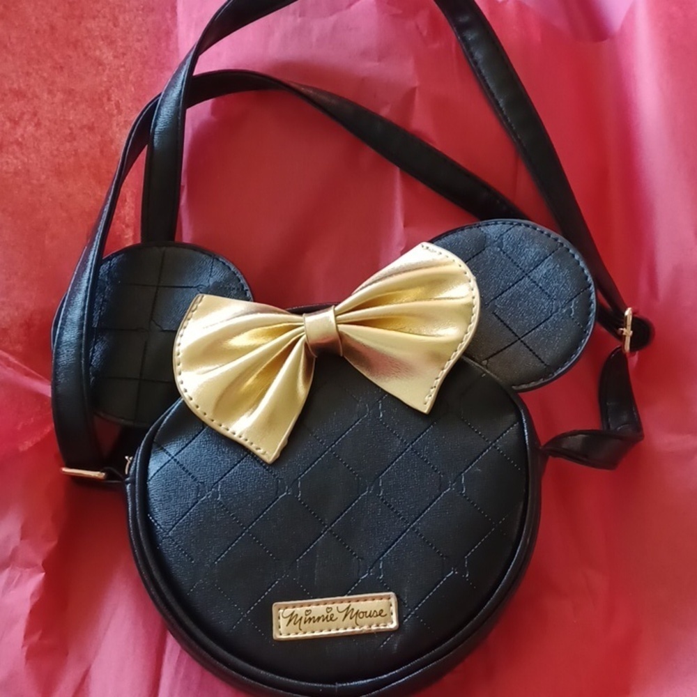 Black and gold Disney Minnie Mouse, small, round purse.